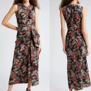 Ulla Johnson Edlyn Anthurium Floral Ruched Sleeveless Midi Dress Cotton Sz 4